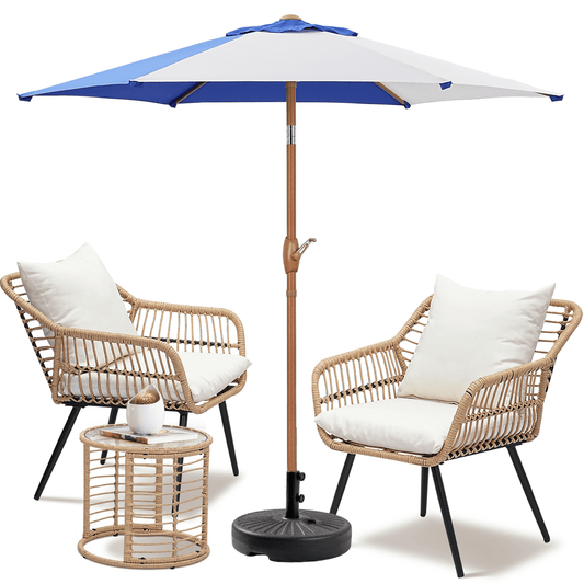 Autlaycil 7.5 ft Multicolour Patio Umbrella and Umbrella Base and 3 Piece Outdoor Wicker Furniture Patio Bistro Set, Umbrella Button Tilt, Yellow and Blue