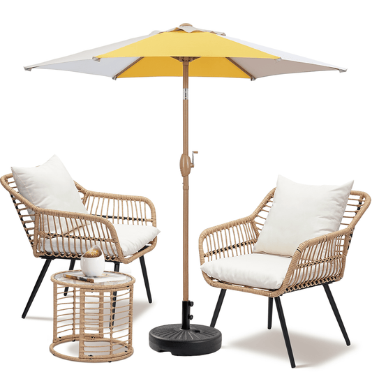 Autlaycil 7.5 ft Multicolour Patio Umbrella and Umbrella Base and 3 Piece Outdoor Wicker Furniture Patio Bistro Set, Umbrella Button Tilt, Yellow/Khaki/White