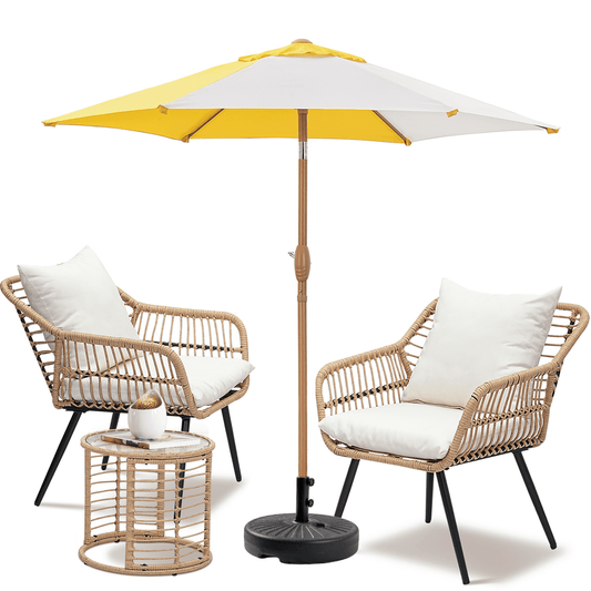 Autlaycil 7.5 ft Multicolour Patio Umbrella and Umbrella Base and 3 Piece Outdoor Wicker Furniture Patio Bistro Set, Umbrella Button Tilt, Yellow and White