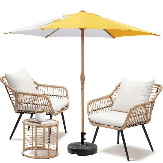 Autlaycil 7.5 ft Multicolour Patio Umbrella and Umbrella Base and 3 Piece Outdoor Wicker Furniture Patio Bistro Set, Yellow and White