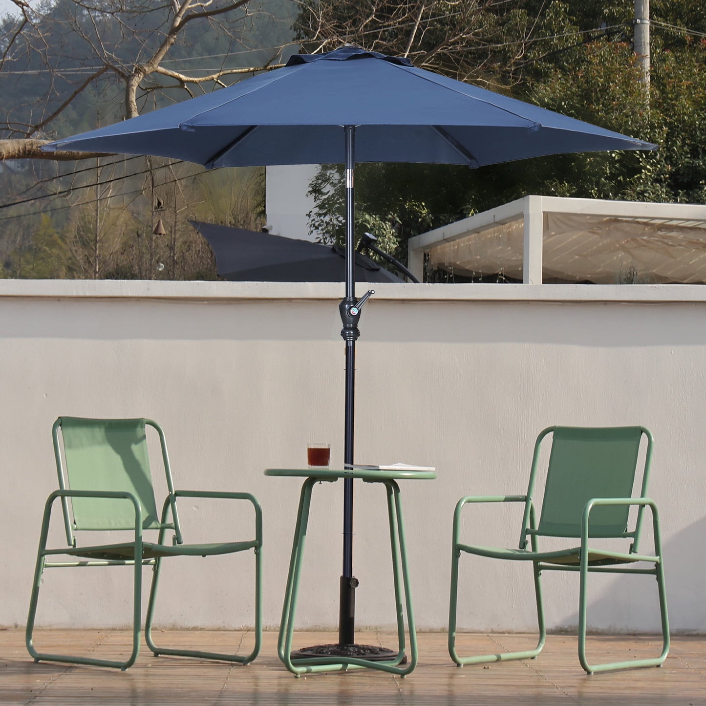 Autlaycil 7.5 ft Navy Blue Patio Umbrella and Decorated Base, with Push Button Tilt and Crank for Beach, Pool, Outdoor