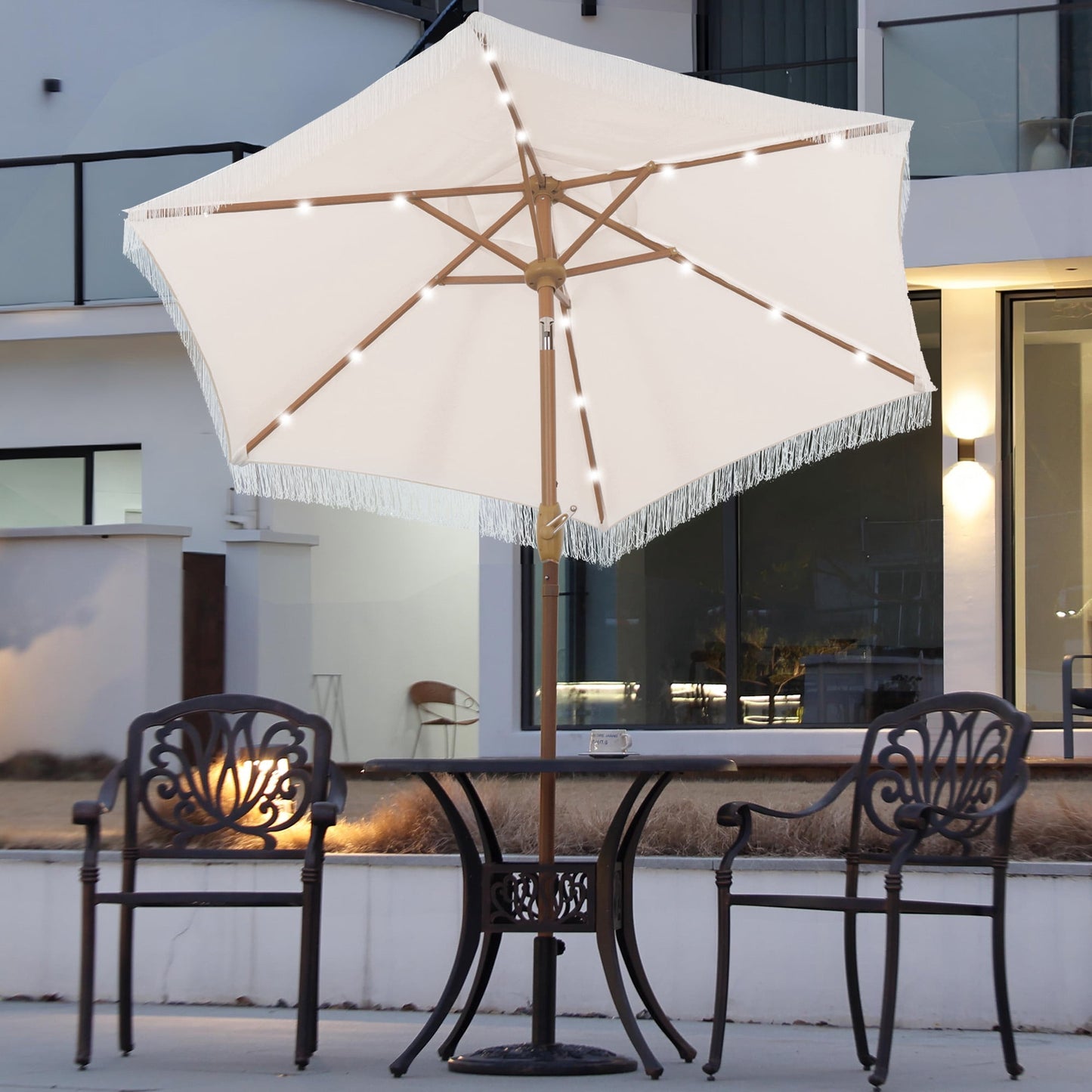 Autlaycil 7.5 ft Off White Tassel Patio Umbrella with Base, 18 LED Lights Solar, and Push Button Tilt and Crank