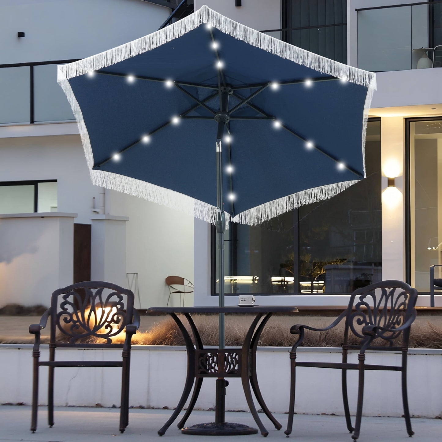 Autlaycil 7.5 ft Navy Blue Tassel Patio Umbrella with Base, 18 LED Lights Solar, and Push Button Tilt and Crank