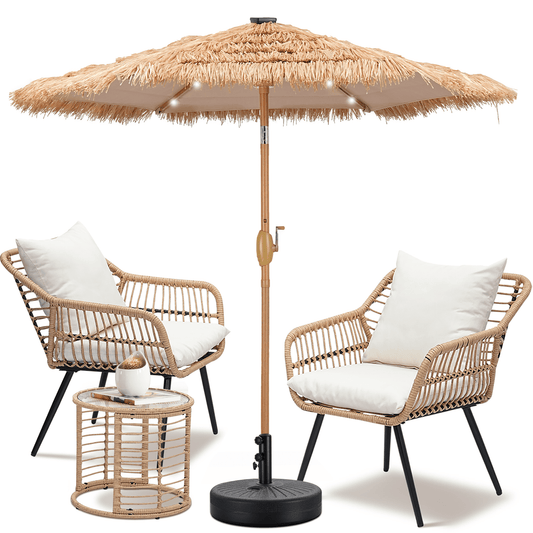 Autlaycil 7.5 ft Tiki Solar Umbrella and Umbrella Base and 3 Piece Outdoor Wicker Furniture Patio Bistro Set, Umbrella Button Tilt, Yellow