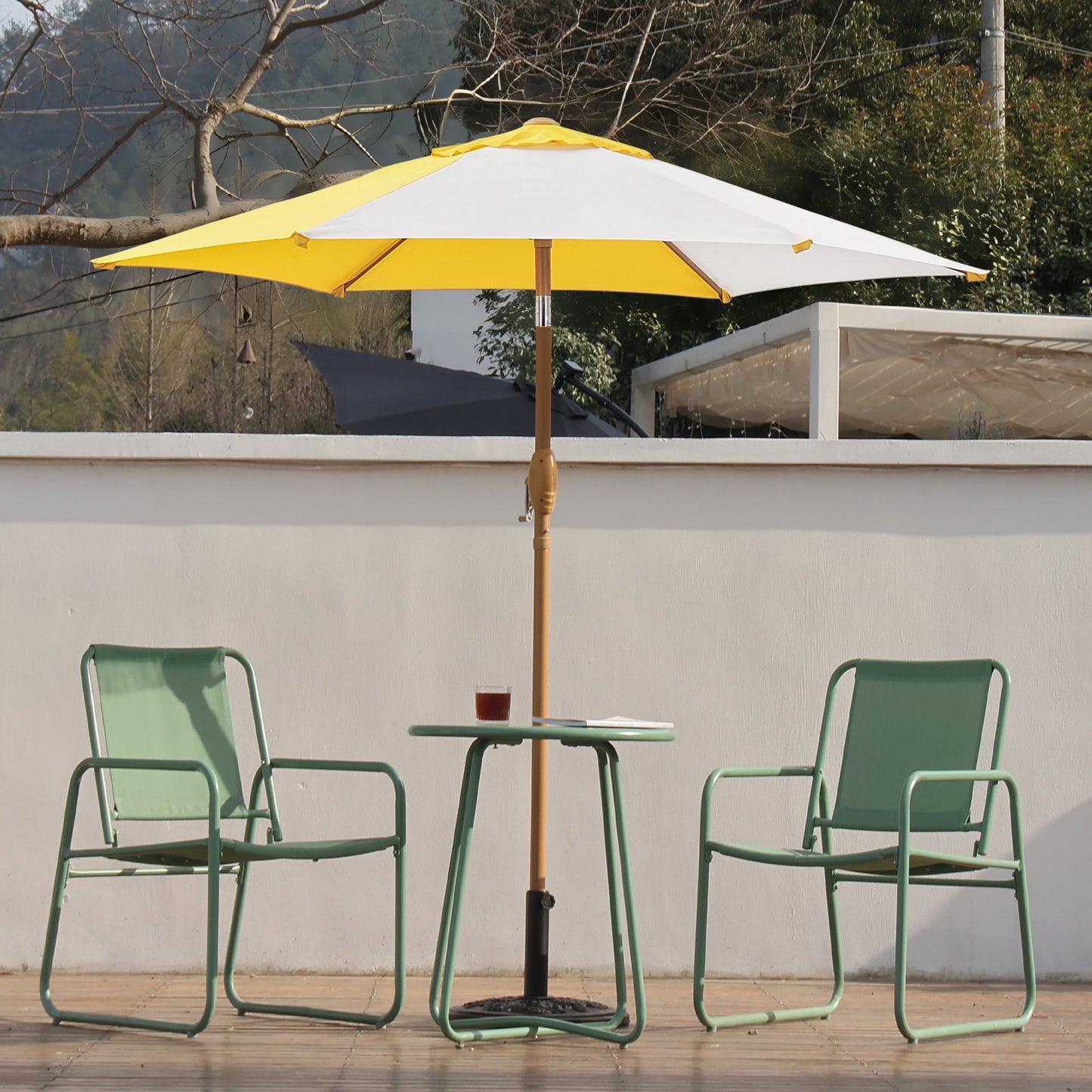Autlaycil 7.5 ft Yellow and White Patio Umbrella and Decorated Base, with Push Button Tilt and Crank for Beach, Pool, Outdoor