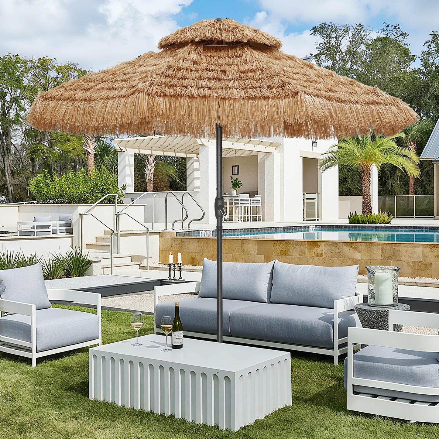 Autlaycil 9 ft Hula Tiki Outdoor Umbrella, 2-Tier Thatched Beach Umbrella, Pool, Patio, Yard, Garden