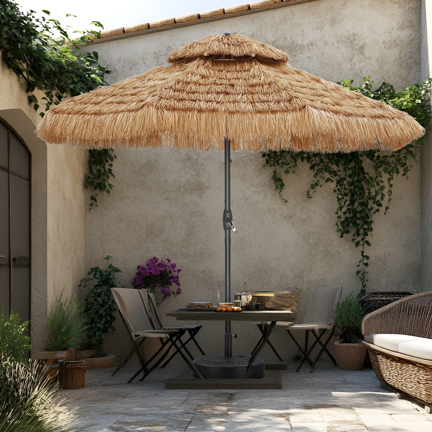 Autlaycil 9 ft Hula Tiki Outdoor Umbrella with Matching Base, 2-Tier Thatched Beach Umbrella, Pool, Patio, Yard, Garden