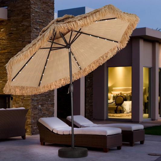 Autlaycil 9FT Grass Tiki Patio Umbrella Outdoor Table Umbrella with Push Button Tilt and Crank, 32 LED Lights, Contain Umbrella Base