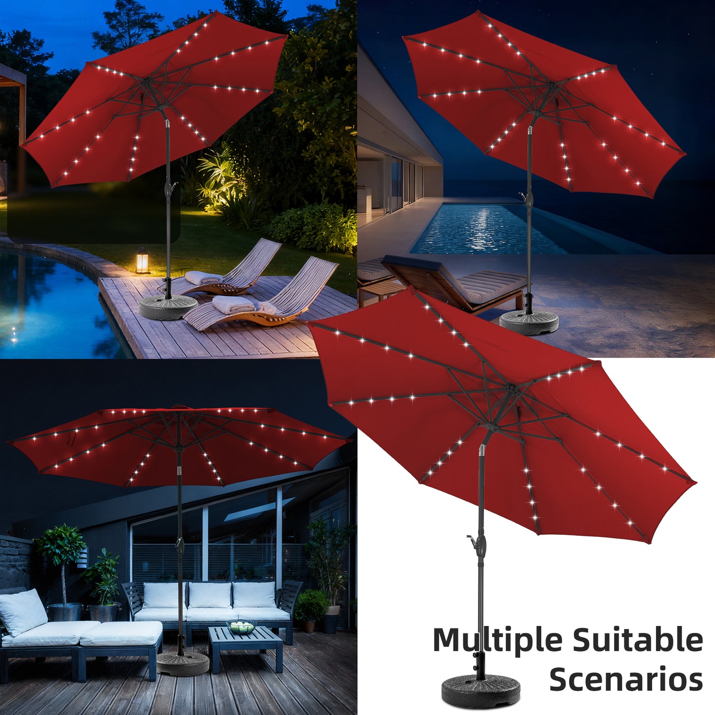 Autlaycil 10 FT Patio Umbrella with Base,  Steel Tilt and Crank, Includes 32 Solar LED Lights, Red