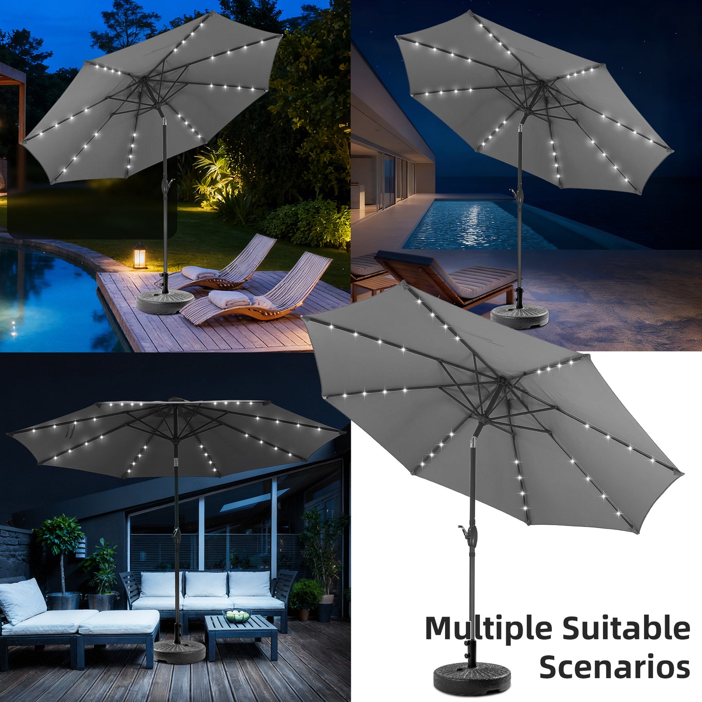 Autlaycil 10 FT Patio Umbrella with Base,  Steel Tilt and Crank, Includes 32 Solar LED Lights, Grey