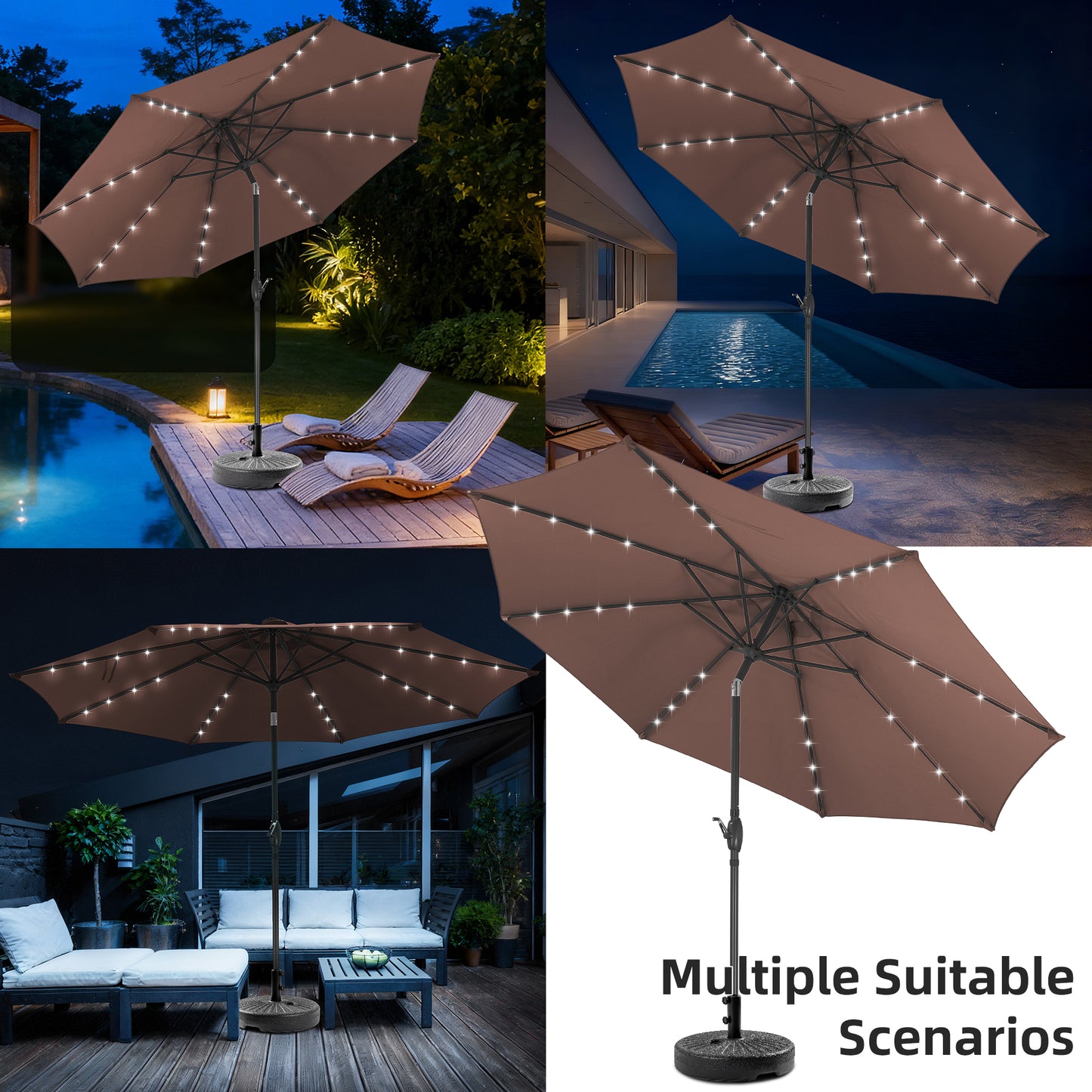 Autlaycil 10 FT Patio Umbrella with Base,  Steel Tilt and Crank, Includes 32 Solar LED Lights, Coffee