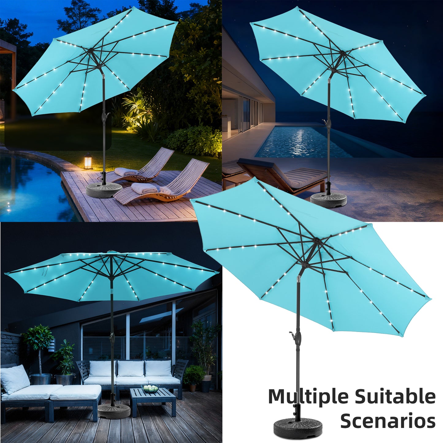 Autlaycil 10 FT Patio Umbrella with Base,  Steel Tilt and Crank, Includes 32 Solar LED Lights, Blue