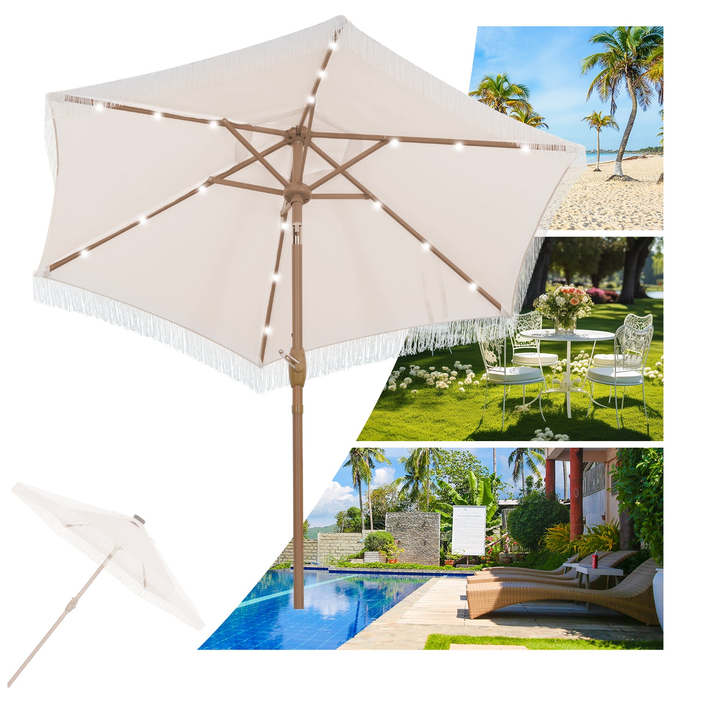 Autlaycil 7.5 ft Patio Umbrella with Tassel Fringe Stylish, 18 LED Lights Solar Umbrella (Beige)