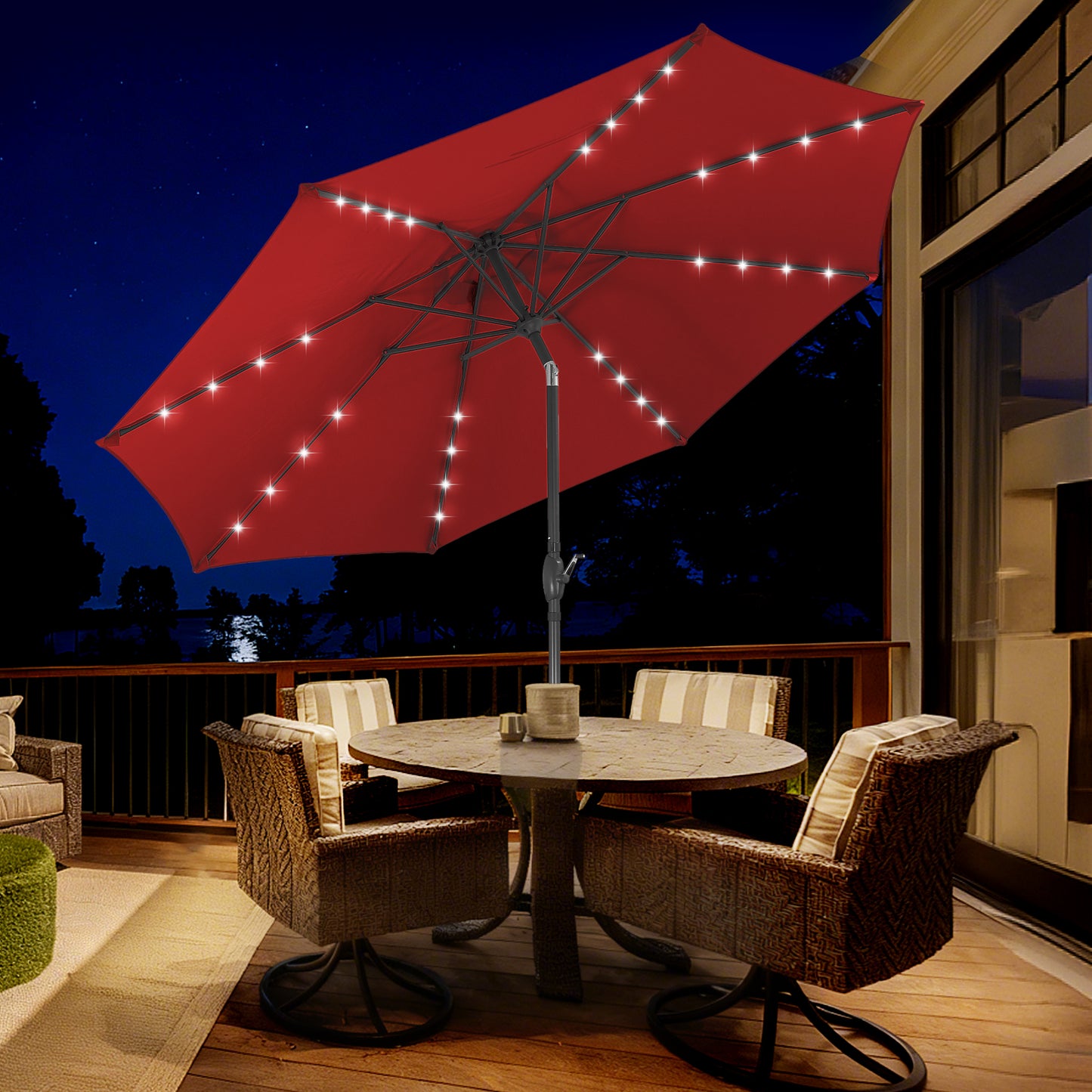 Autlaycil 10 ft Solar Patio Umbrellas with 32 Lights for Market Outdoor Pool, Steel Tilt Crank-Red