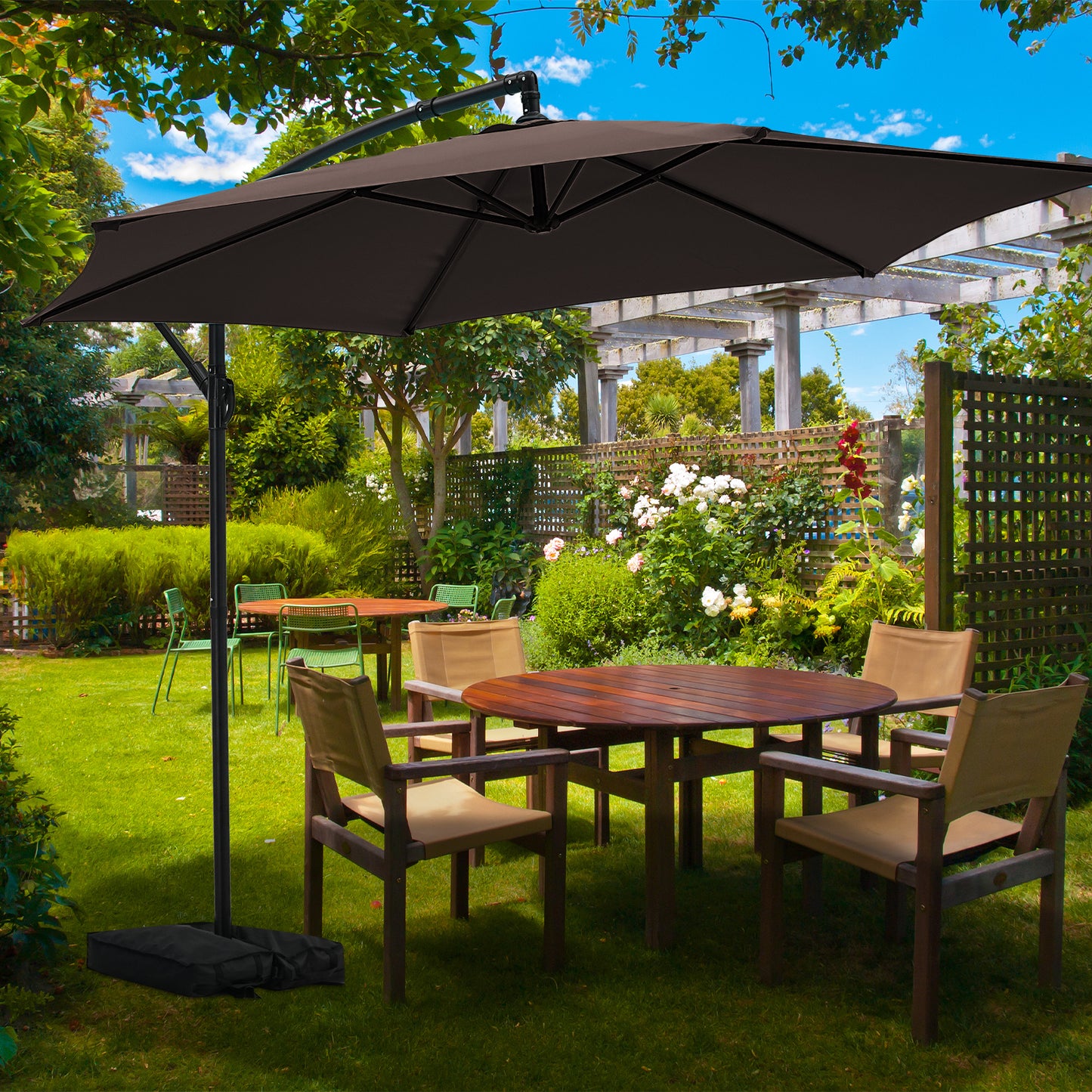 Autlaycil 10FT Cantilever Patio Umbrella, Hanging Offset Umbrella with Umbrella Stand, Coffee