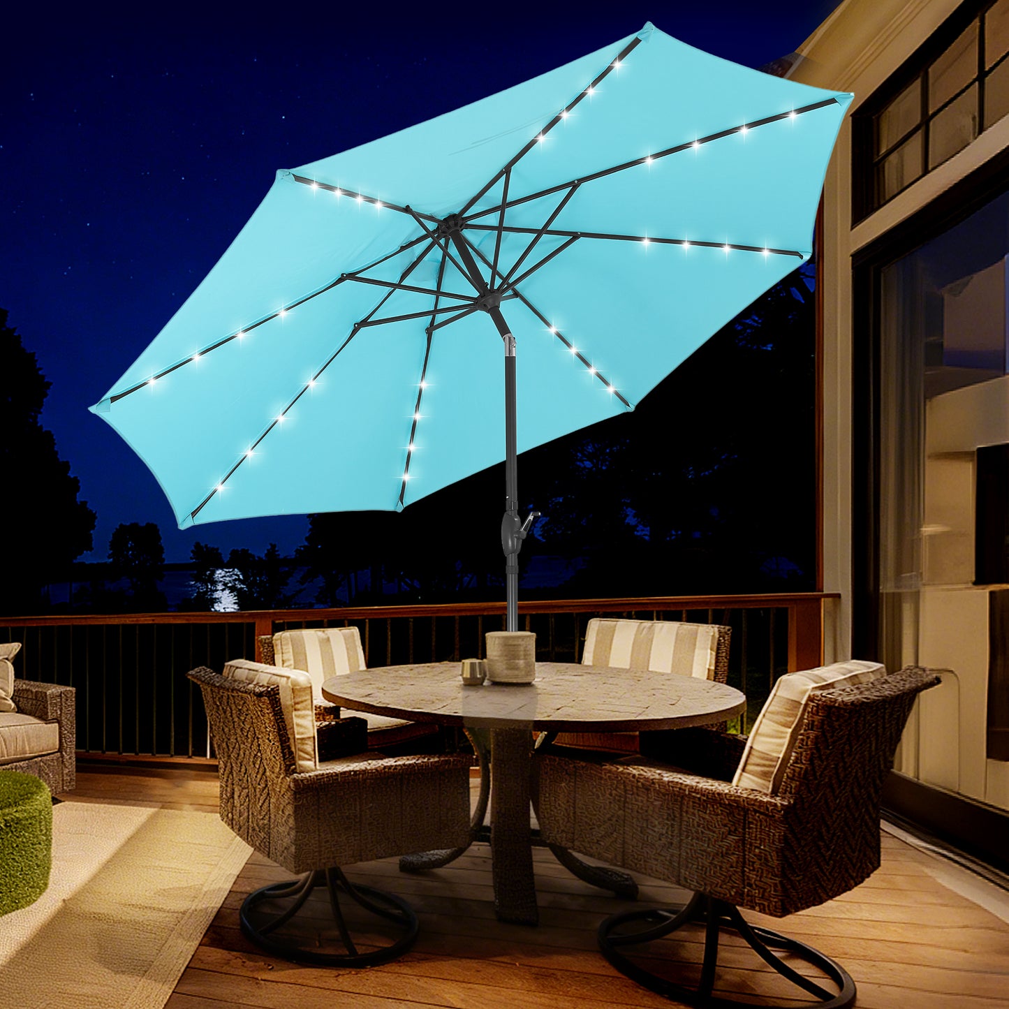 Autlaycil 10 ft Solar Patio Umbrellas with 32 Lights for Market Outdoor Pool, Steel Tilt Crank-Blue