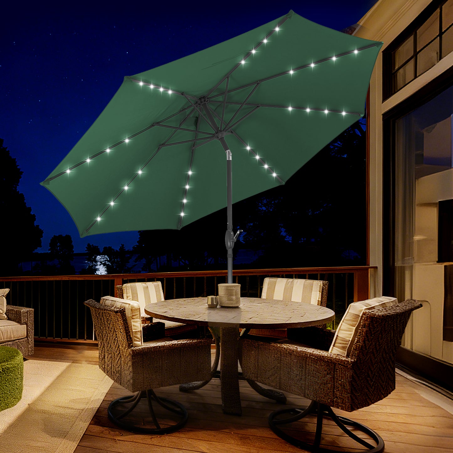 Autlaycil 10 ft Solar Patio Umbrellas with 32 Lights for Market Outdoor Pool, Steel Tilt Crank-Green
