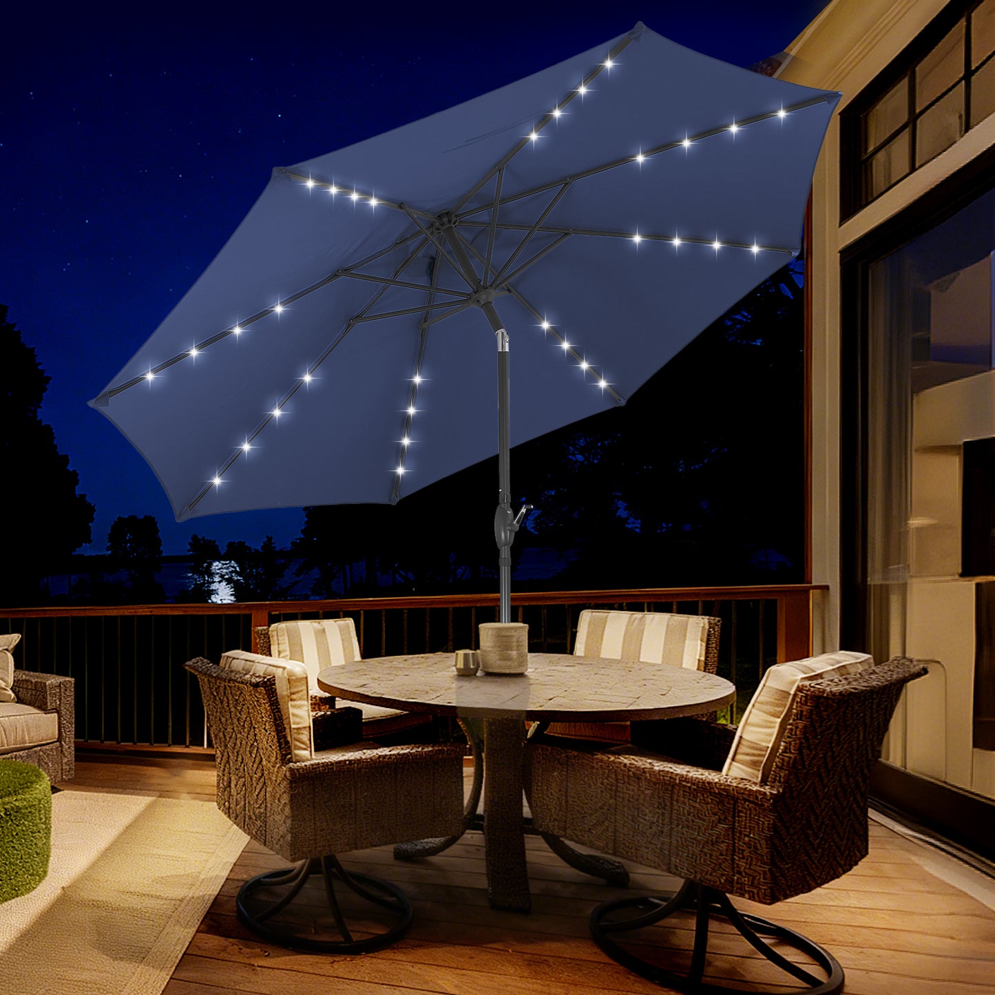 Autlaycil 10 ft Solar Patio Umbrellas with 32 Lights for Market Outdoor Pool, Steel Tilt Crank-Navy Blue