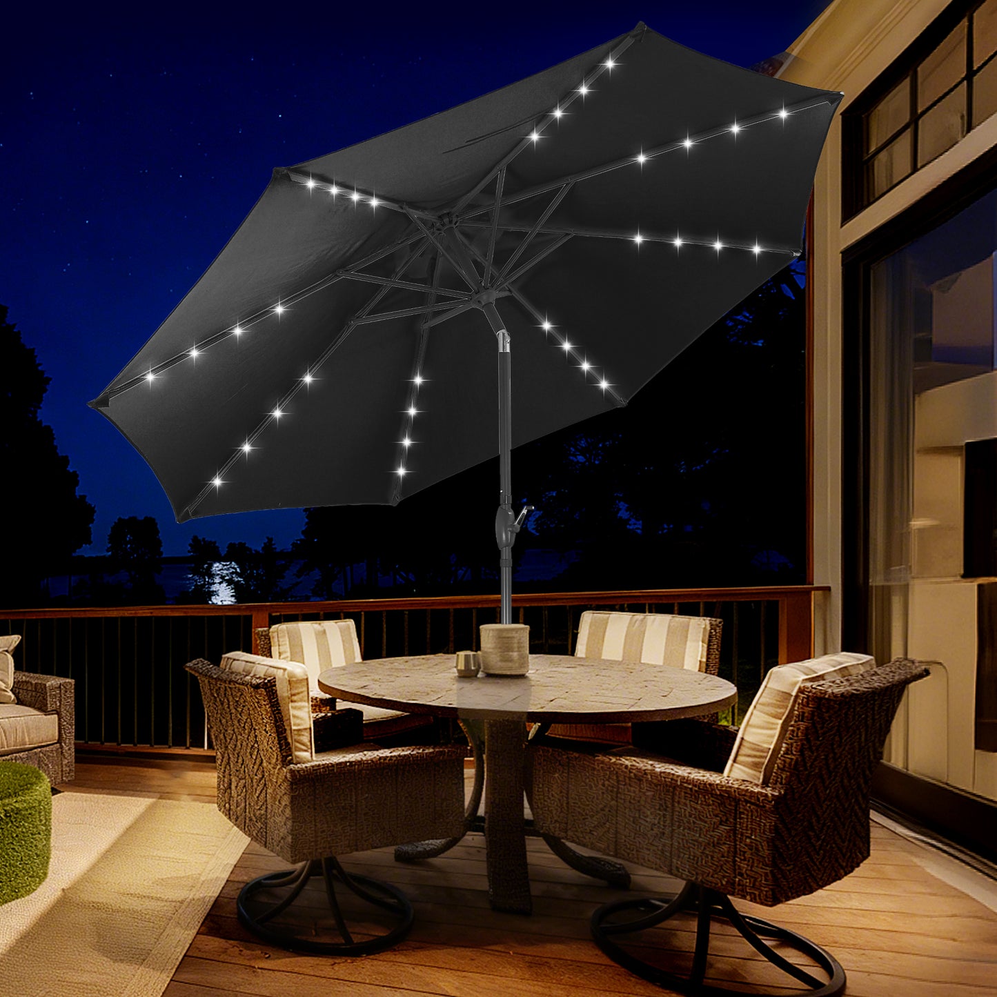 Autlaycil 10 ft Solar Patio Umbrellas with 32 Lights for Market Outdoor Pool, Steel Tilt Crank-Dark Black