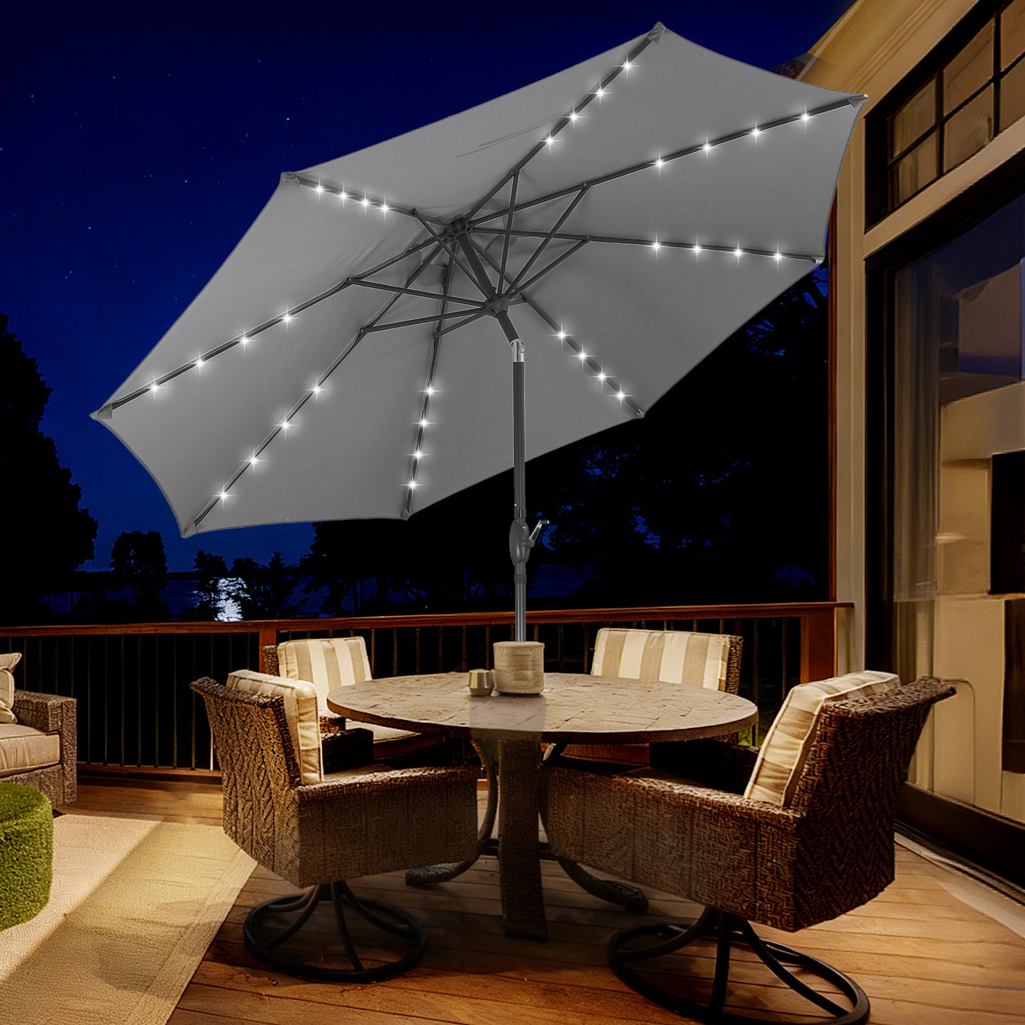 Autlaycil 10 ft Solar Patio Umbrellas with 32 Lights for Market Outdoor Pool, Steel Tilt Crank-Grey