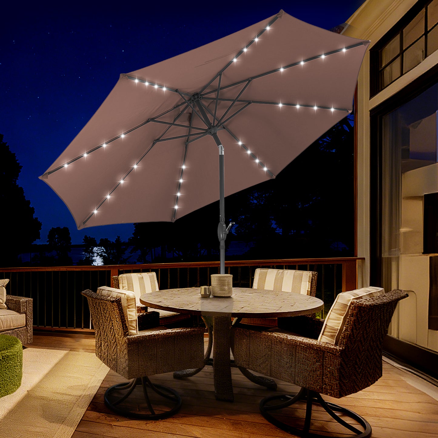 Autlaycil 10 ft Solar Patio Umbrellas with 32 Lights for Market Outdoor Pool, Steel Tilt Crank-Coffee