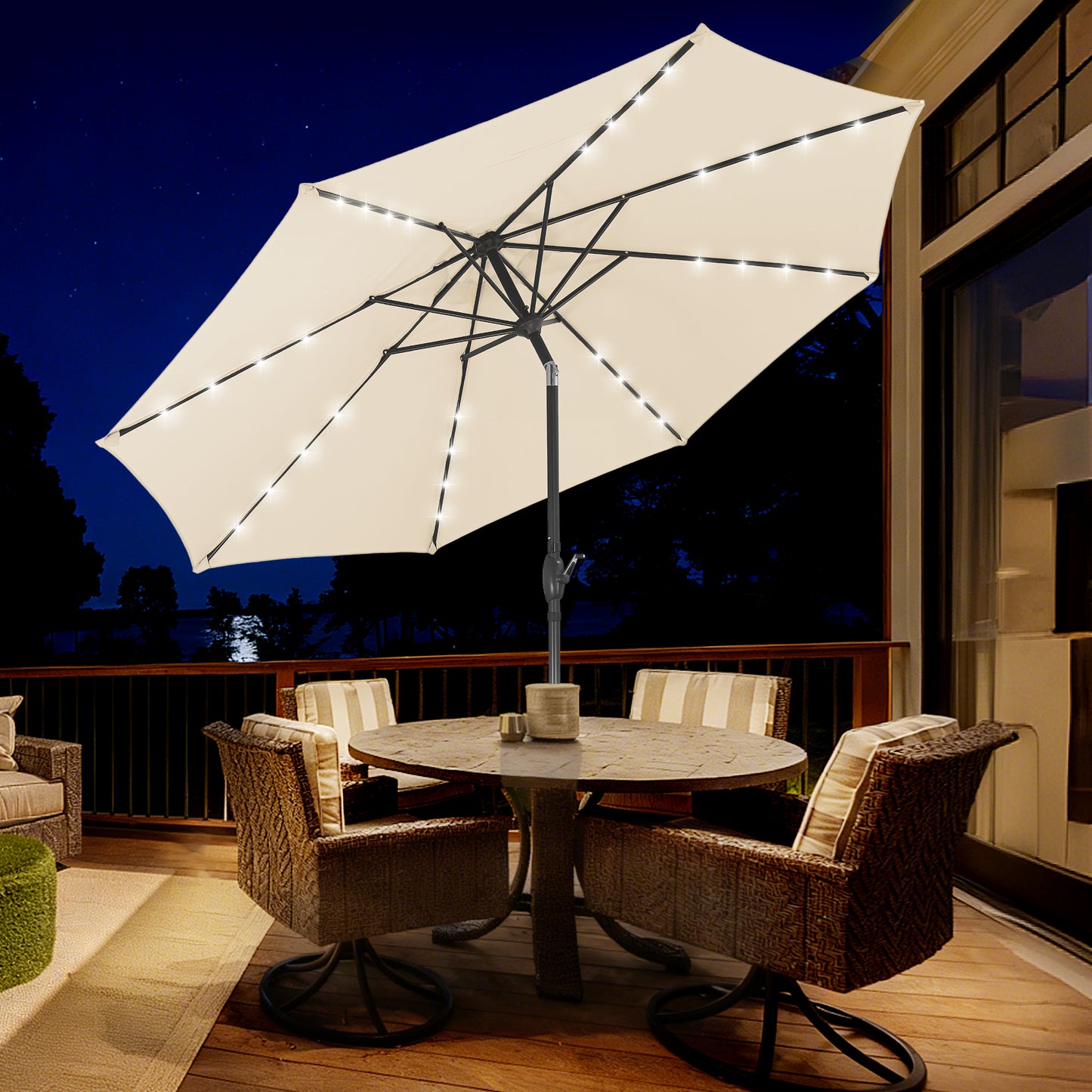 Autlaycil 10 ft Solar Patio Umbrellas with 32 Lights for Market Outdoor Pool, Steel Tilt Crank-Khaki
