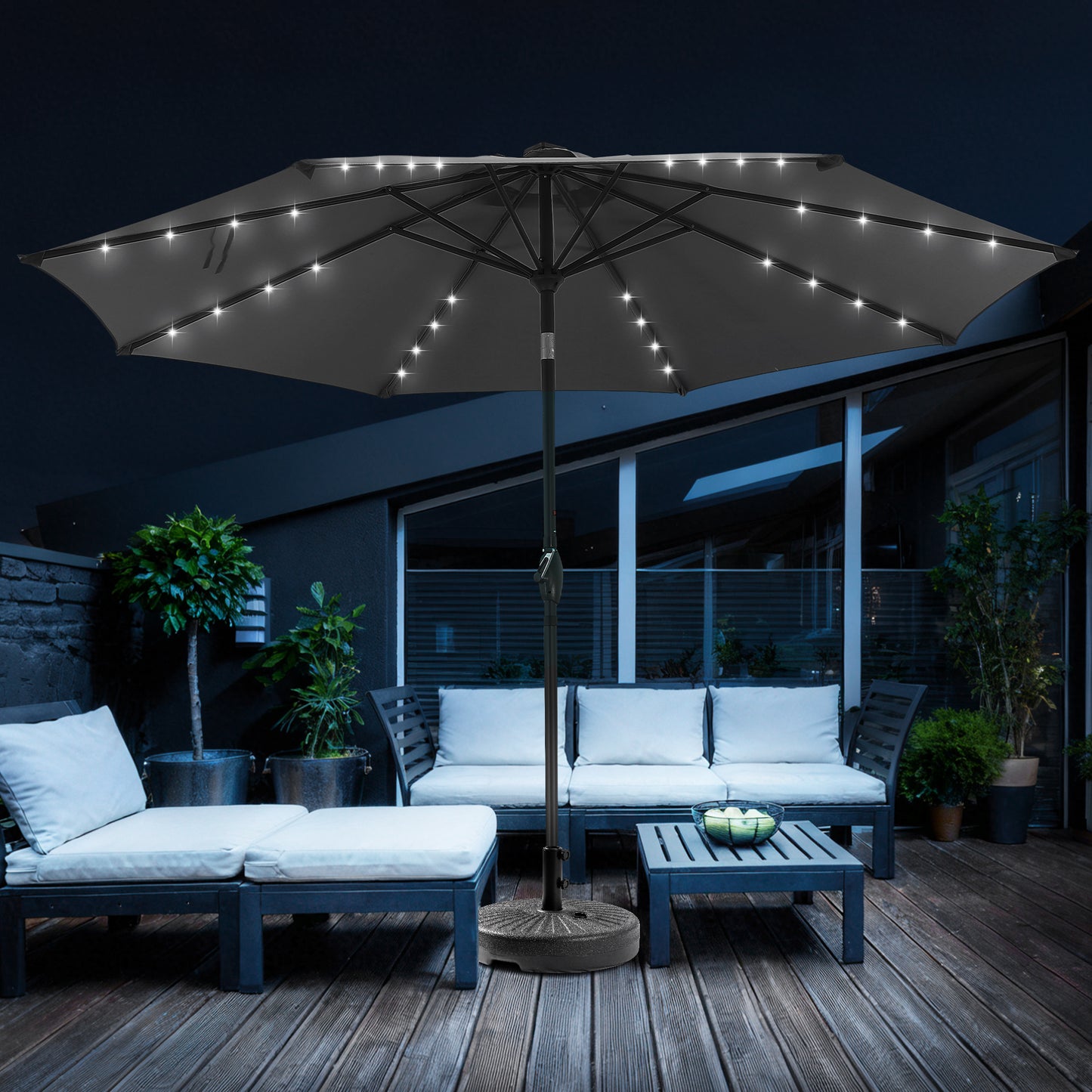 Autlaycil 10 FT Patio Umbrella with Base,  Steel Tilt and Crank, Includes 32 Solar LED Lights, Grey