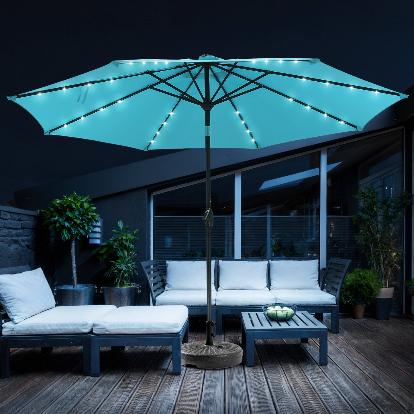 Autlaycil 10 FT Patio Umbrella with Base,  Steel Tilt and Crank, Includes 32 Solar LED Lights, Blue