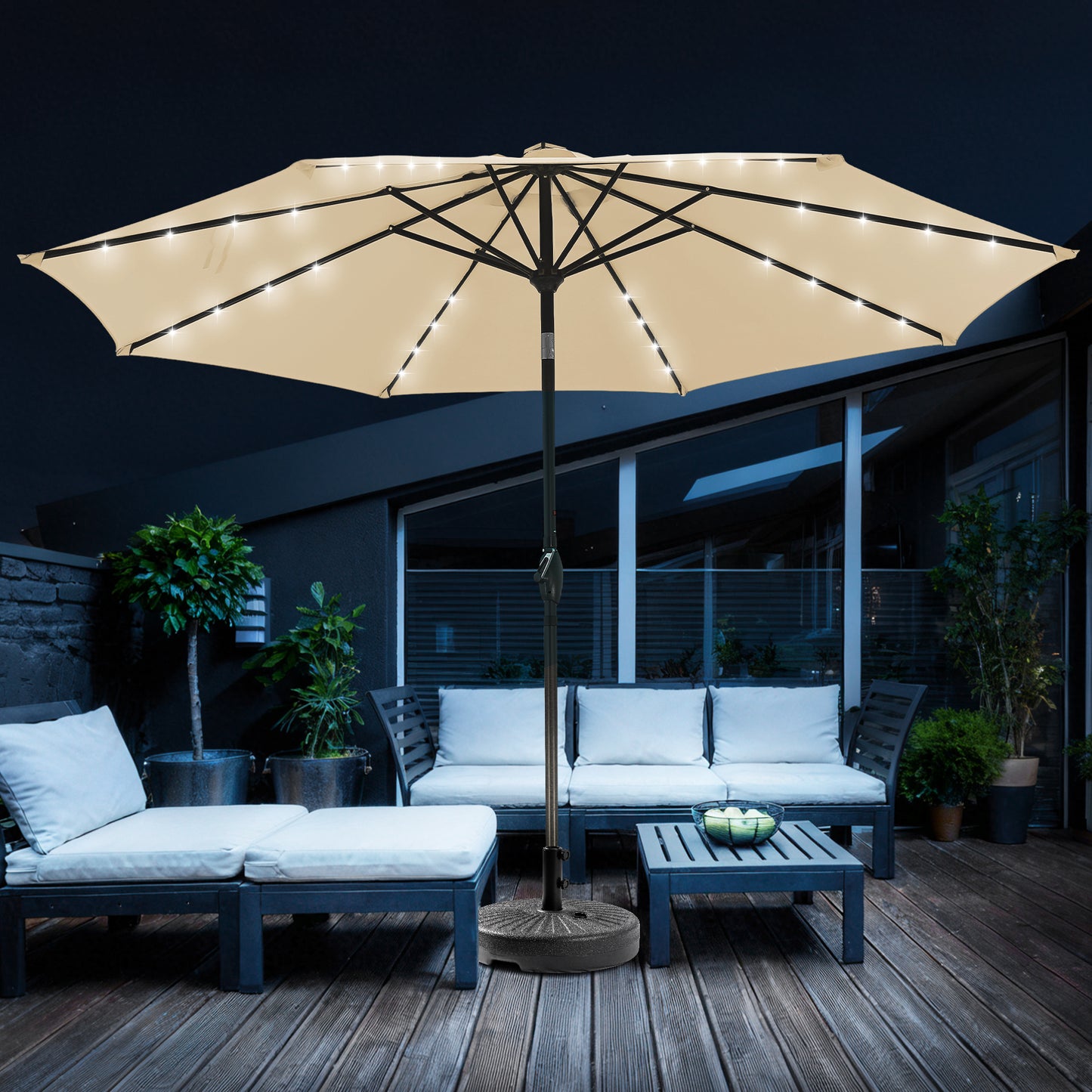 Autlaycil 10 FT Patio Umbrella with Base,  Steel Tilt and Crank, Includes 32 Solar LED Lights, Khaki