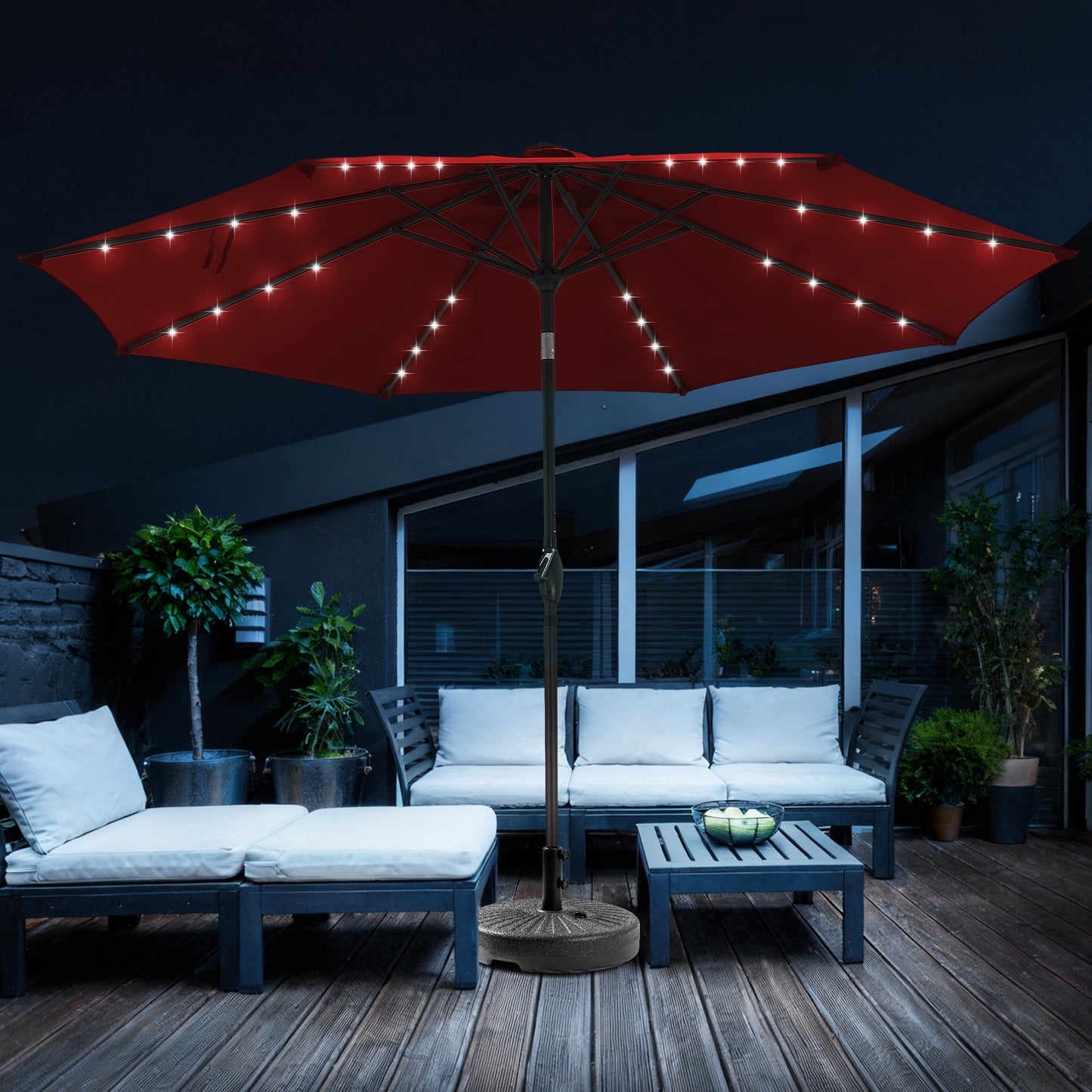 Autlaycil 10 FT Patio Umbrella with Base,  Steel Tilt and Crank, Includes 32 Solar LED Lights, Red