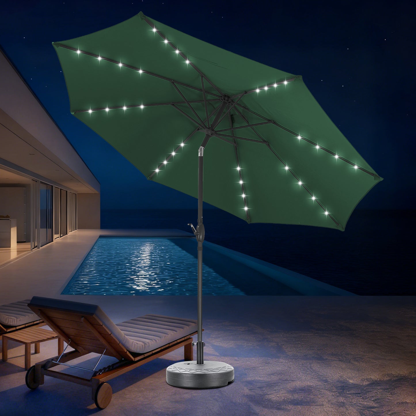 Autlaycil 10 ft Solar Patio Umbrellas and Base,  with 32 Lights for Market Outdoor Pool, Steel Tilt Crank-Green