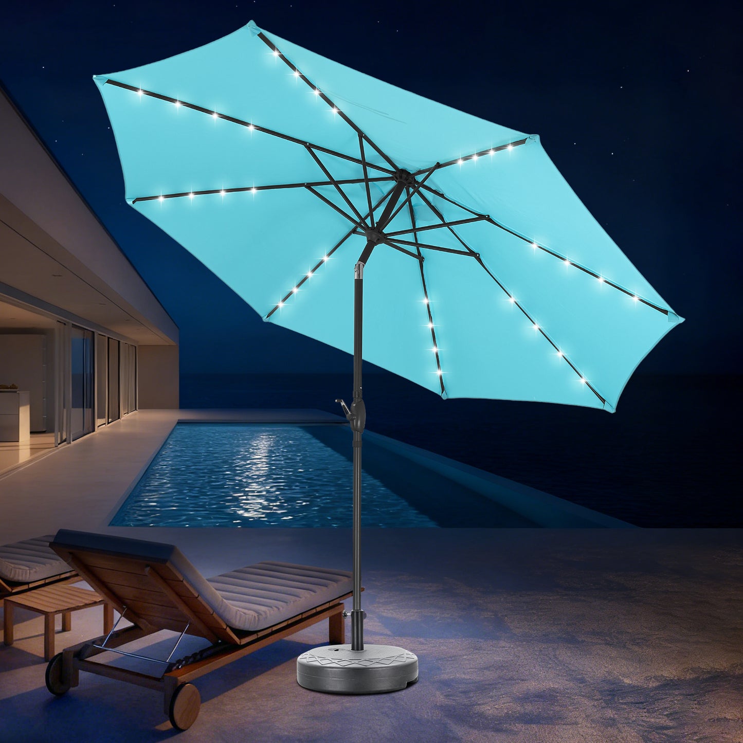 Autlaycil 10 ft Solar Patio Umbrellas and Base,  with 32 Lights for Market Outdoor Pool, Steel Tilt Crank-Blue