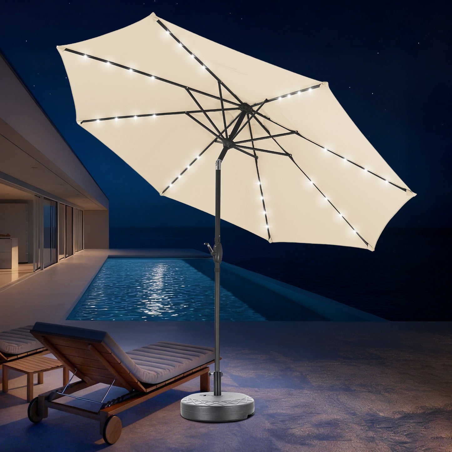 Autlaycil 10 ft Solar Patio Umbrellas and Base,  with 32 Lights for Market Outdoor Pool, Steel Tilt Crank-Khaki
