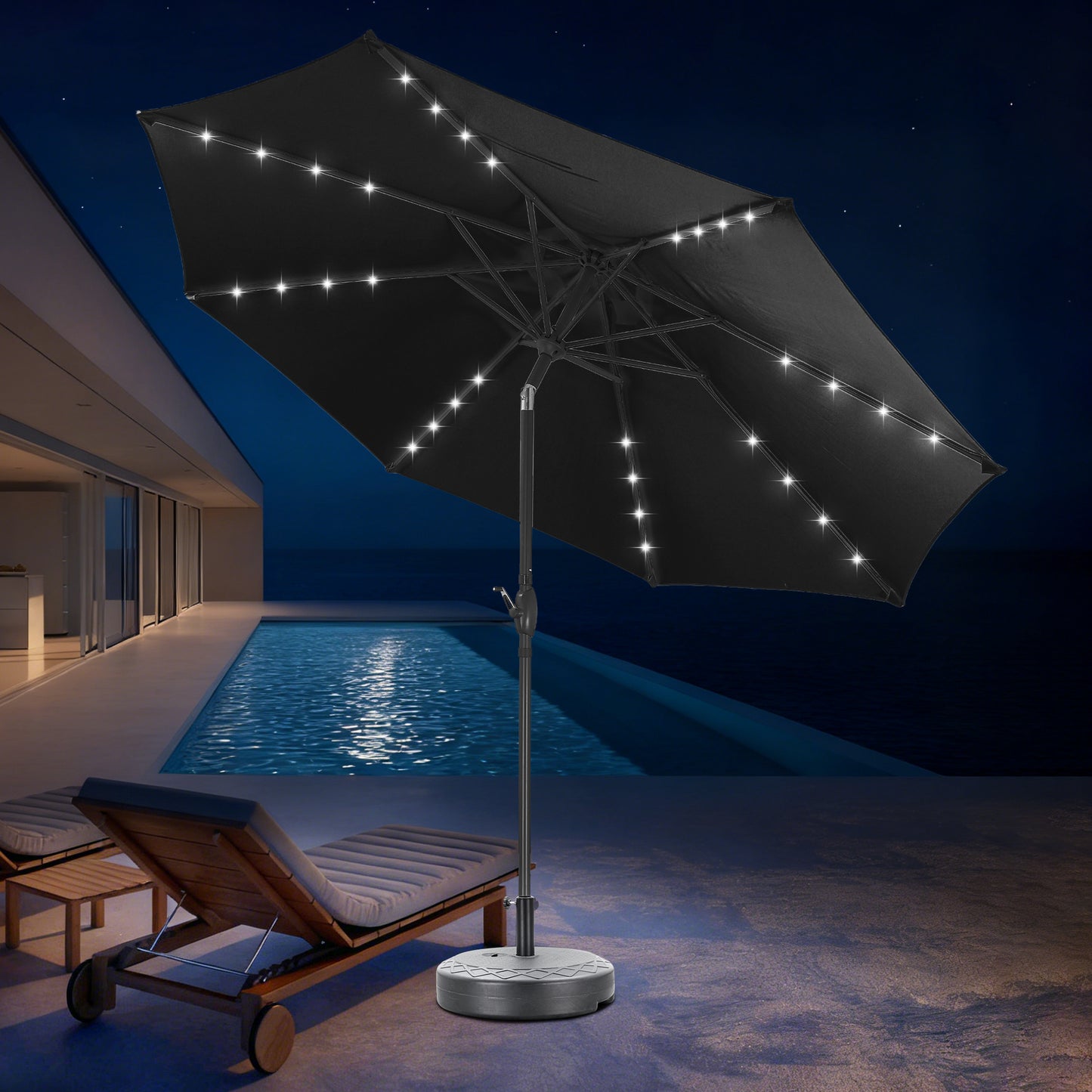 Autlaycil 10 ft Solar Patio Umbrellas and Base,  with 32 Lights for Market Outdoor Pool, Steel Tilt Crank-Dark Black