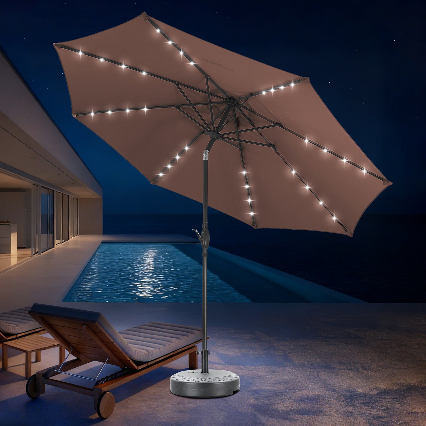 Autlaycil 10 ft Solar Patio Umbrellas and Base,  with 32 Lights for Market Outdoor Pool, Steel Tilt Crank-Coffee