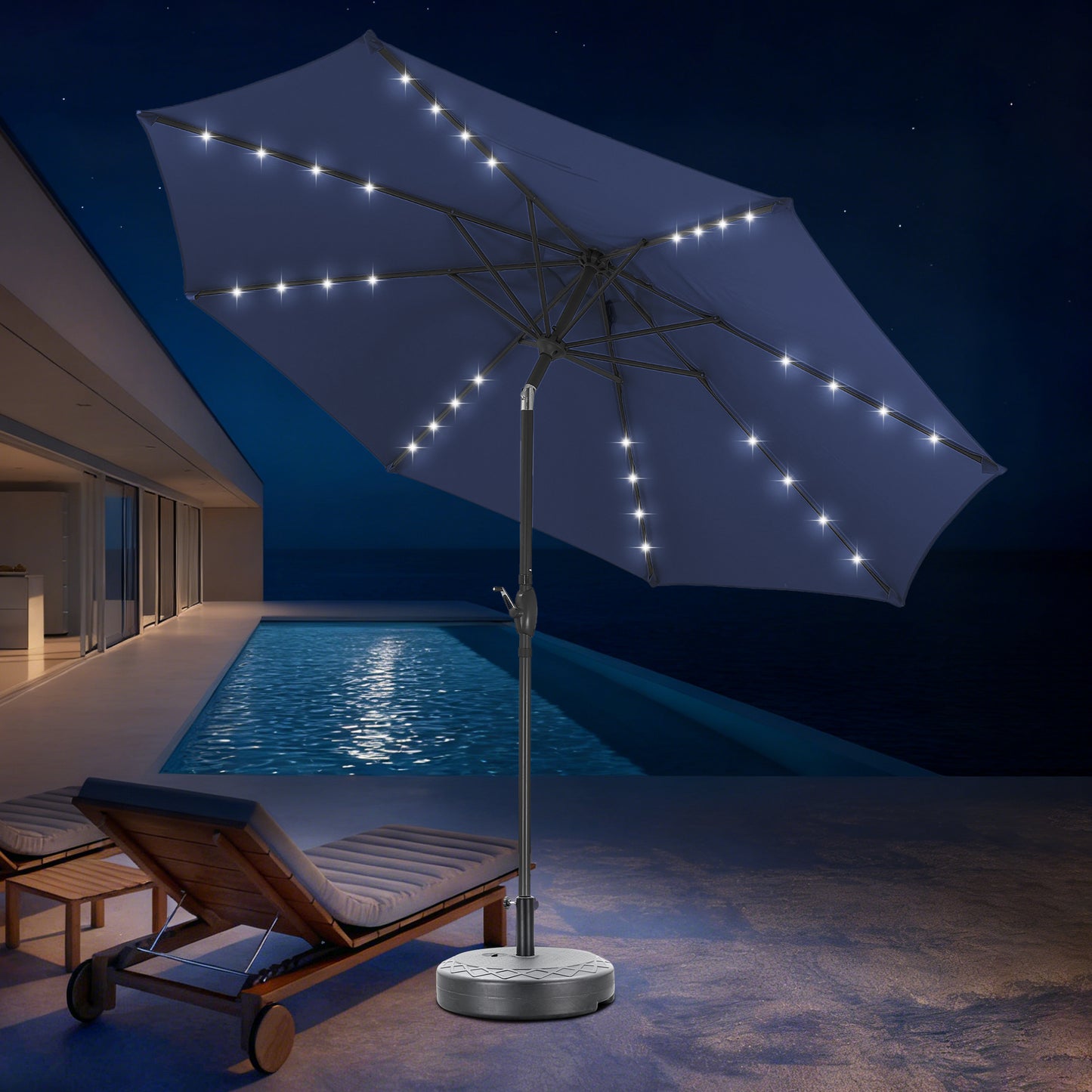 Autlaycil 10 ft Solar Patio Umbrellas and Base,  with 32 Lights for Market Outdoor Pool, Steel Tilt Crank-Navy Blue