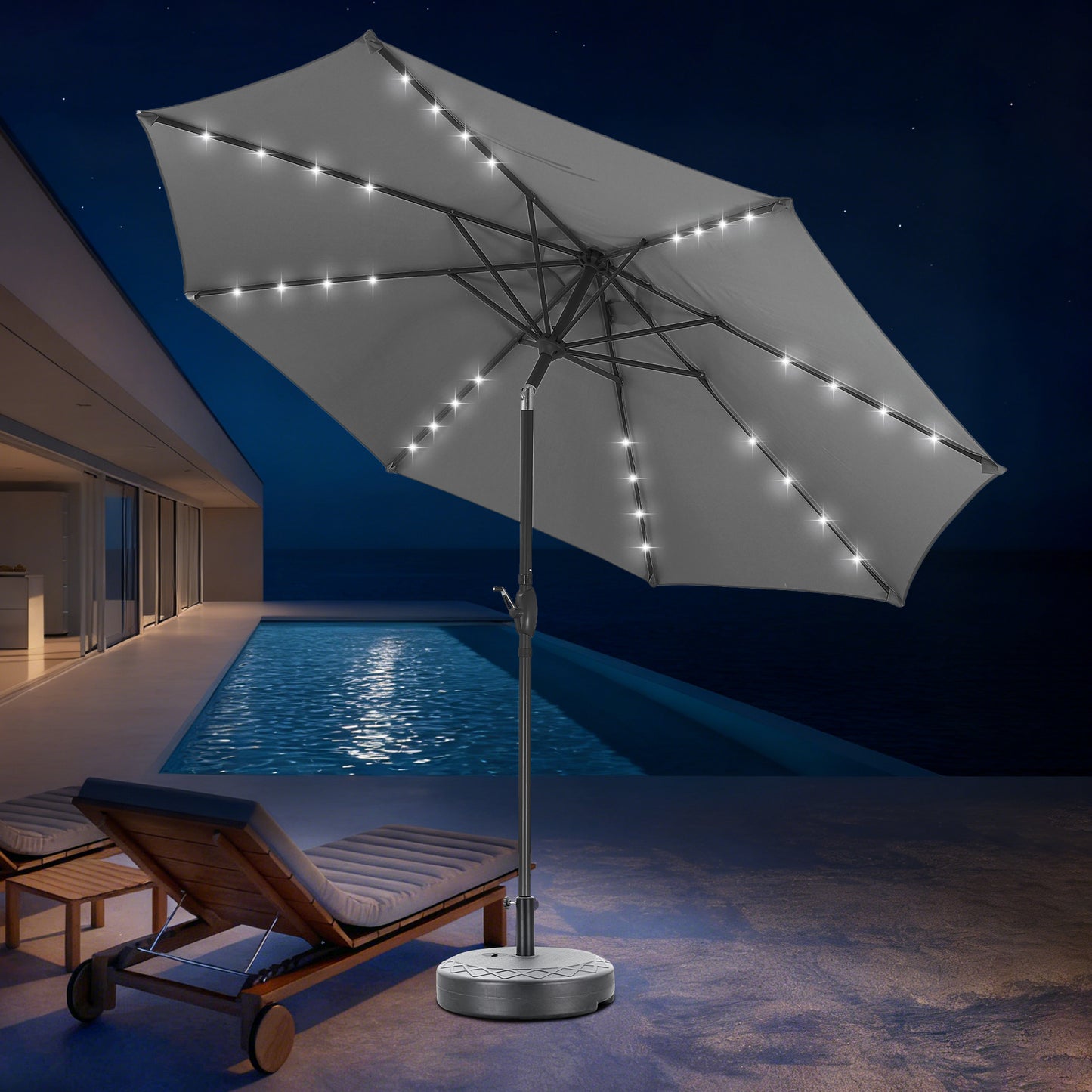 Autlaycil 10 ft Solar Patio Umbrellas and Base,  with 32 Lights for Market Outdoor Pool, Steel Tilt Crank-Grey