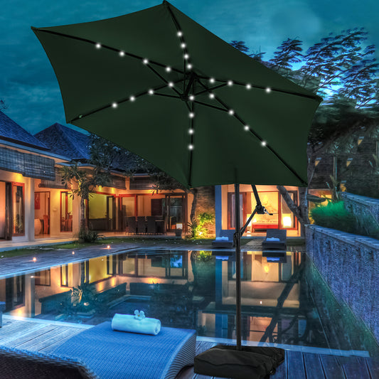 Autlaycil 10 ft Cantilever Offset Outdoor Patio Umbrella with Base Stand Rotate and Tilt,24 Solar LED Lights, Green