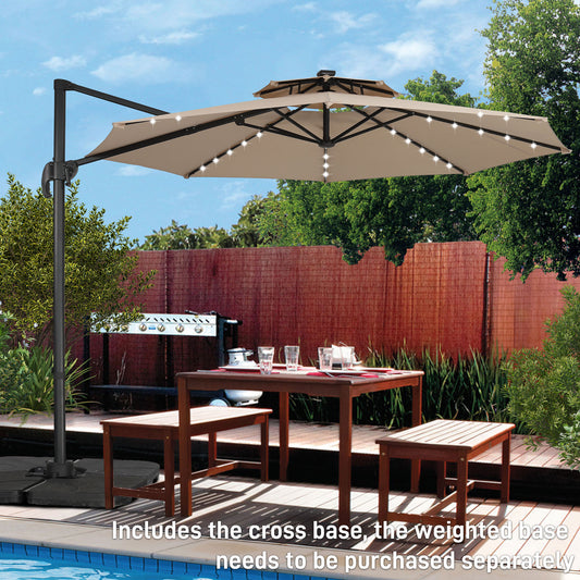 Autlaycil 10 FT Aluminum Offset Outdoor Cantilever Umbrella with Solar Lights, and 360-degree Rotation, 2-Tier Patio Umbrella, Khaki