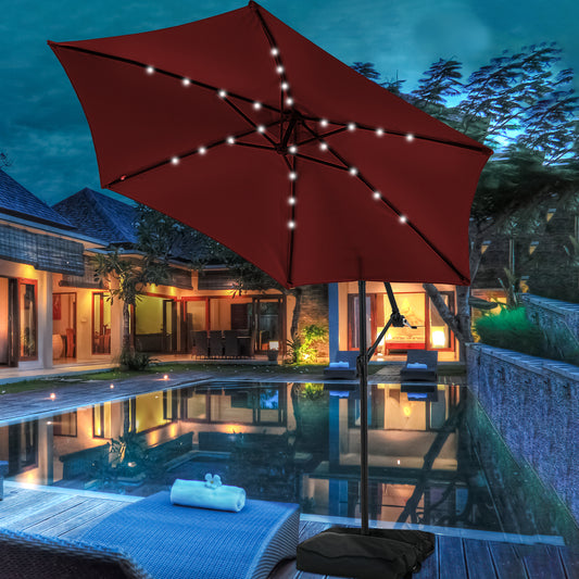 Autlaycil 10 ft Cantilever Offset Outdoor Patio Umbrella with Base Stand Rotate and Tilt,24 Solar LED Lights, Red