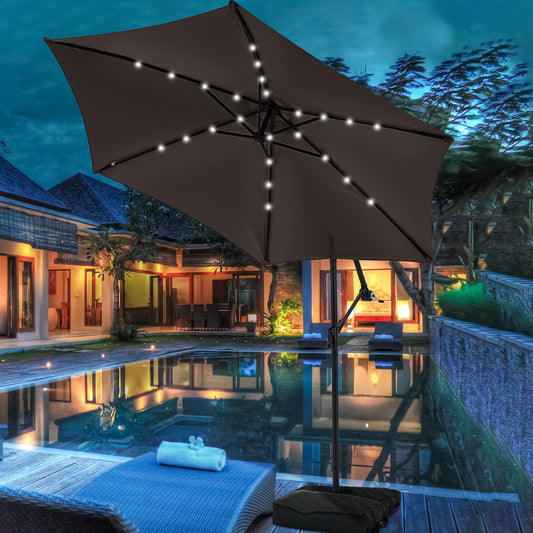 Autlaycil 10 ft Cantilever Offset Outdoor Patio Umbrella with Base Stand Rotate and Tilt,24 Solar LED Lights, Coffee