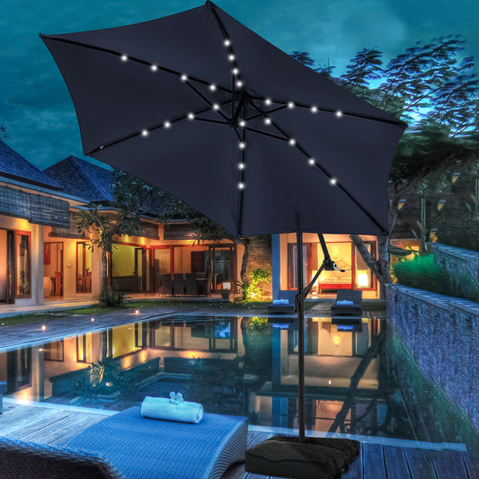 Autlaycil 10 ft Cantilever Offset Outdoor Patio Umbrella with Base Stand Rotate and Tilt,24 Solar LED Lights, Navy Blue