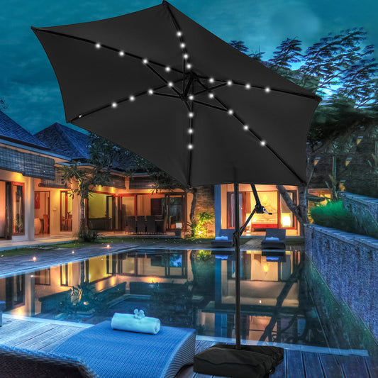 Autlaycil 10 ft Cantilever Offset Outdoor Patio Umbrella with Base Stand Rotate and Tilt,24 Solar LED Lights, Black