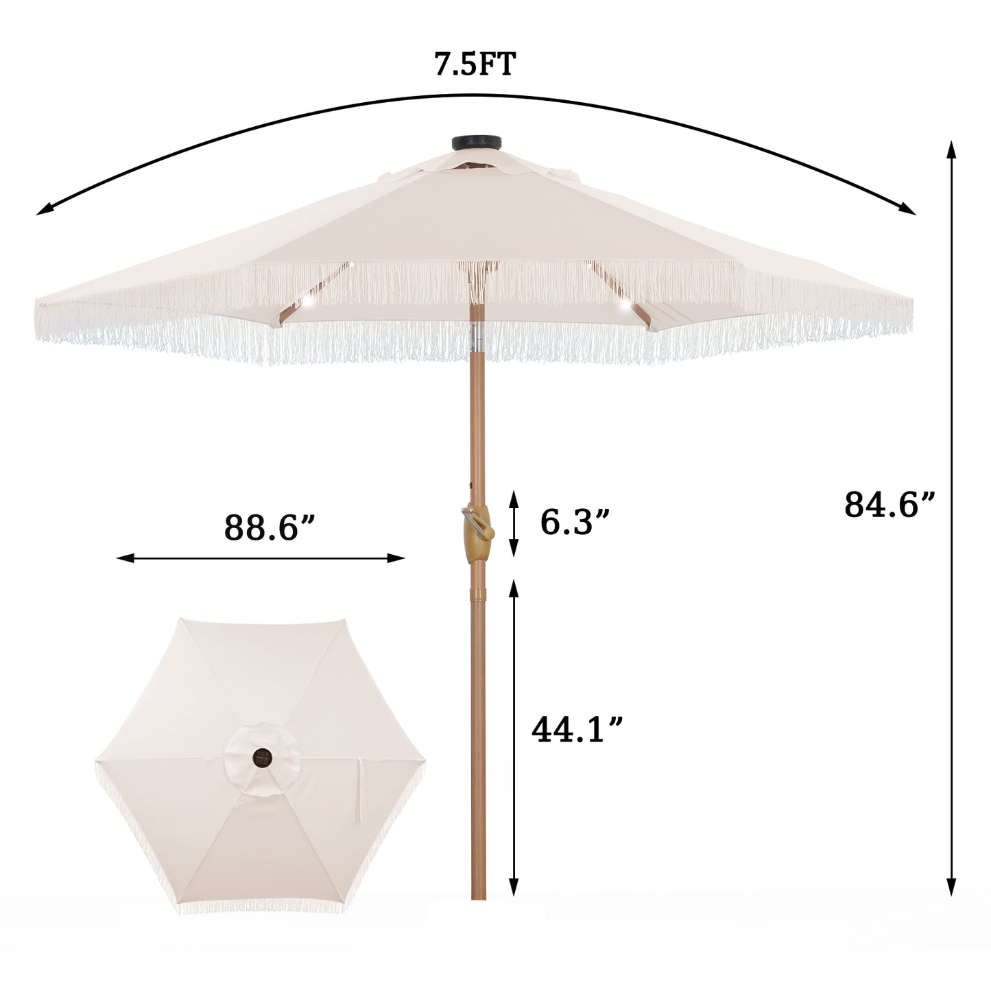 Autlaycil 7.5 ft Patio Umbrella with Tassel Fringe Stylish, 18 LED Lights Solar Umbrella (Beige)