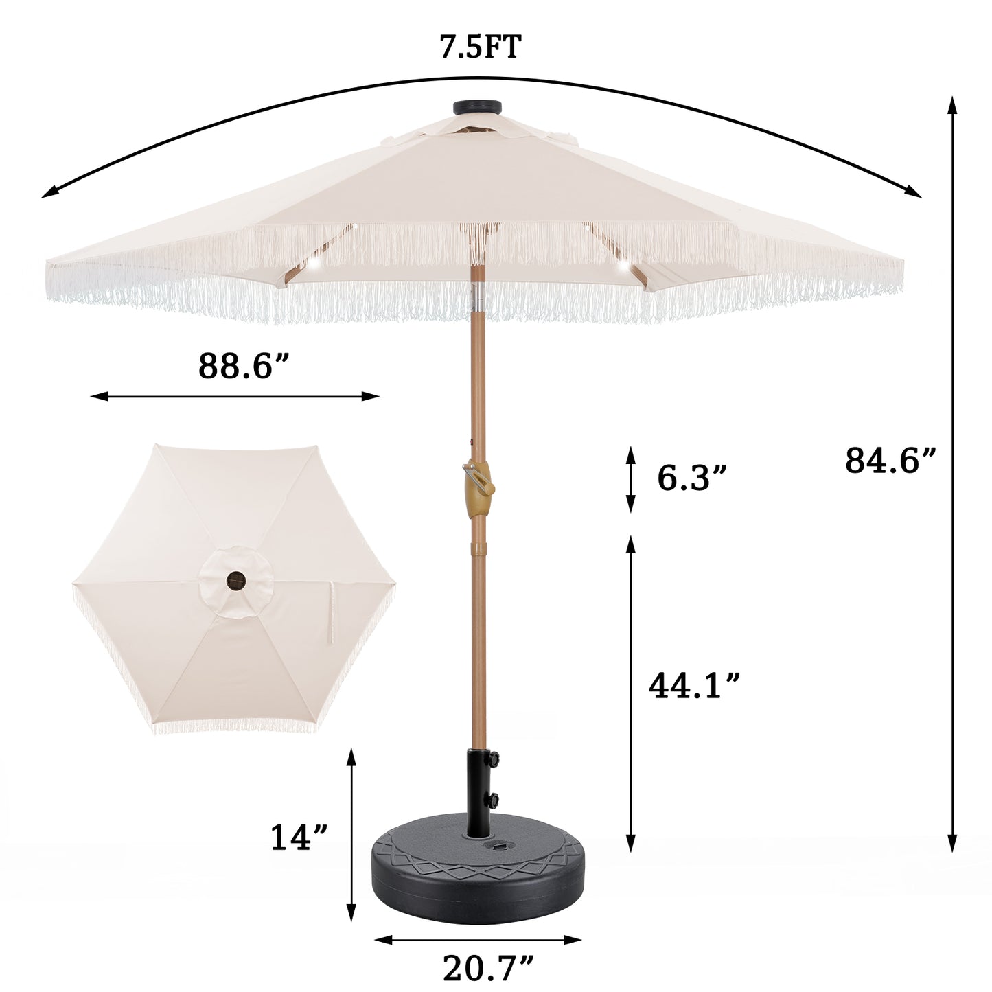 Autlaycil 7.5 ft Patio Tassel Umbrella with Base, 18 LED Lights Solar Umbrella (Beige)