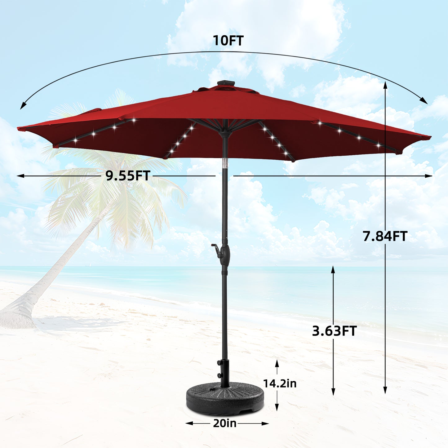 Autlaycil 10 FT Patio Umbrella with Base,  Steel Tilt and Crank, Includes 32 Solar LED Lights, Red