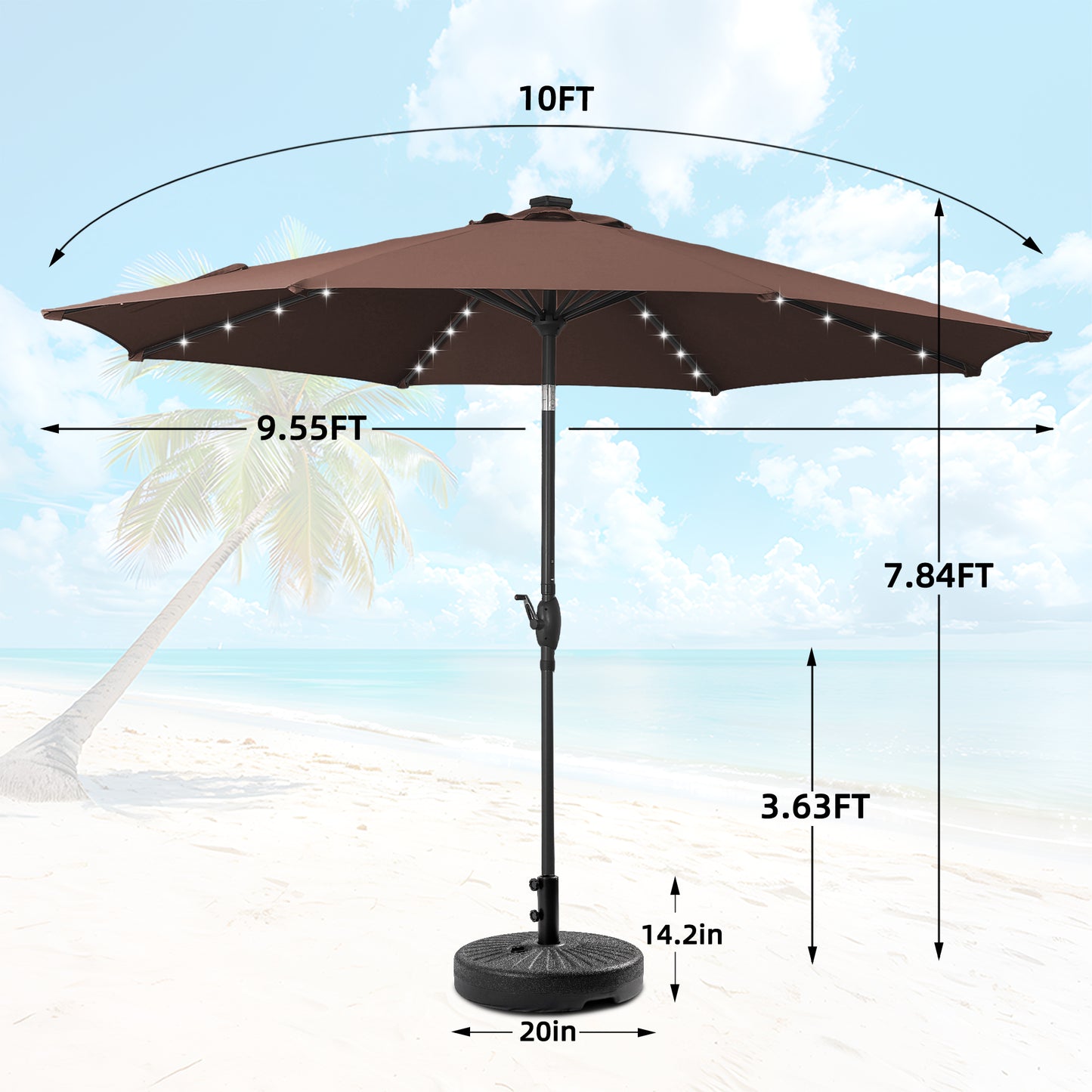 Autlaycil 10 FT Patio Umbrella with Base,  Steel Tilt and Crank, Includes 32 Solar LED Lights, Coffee