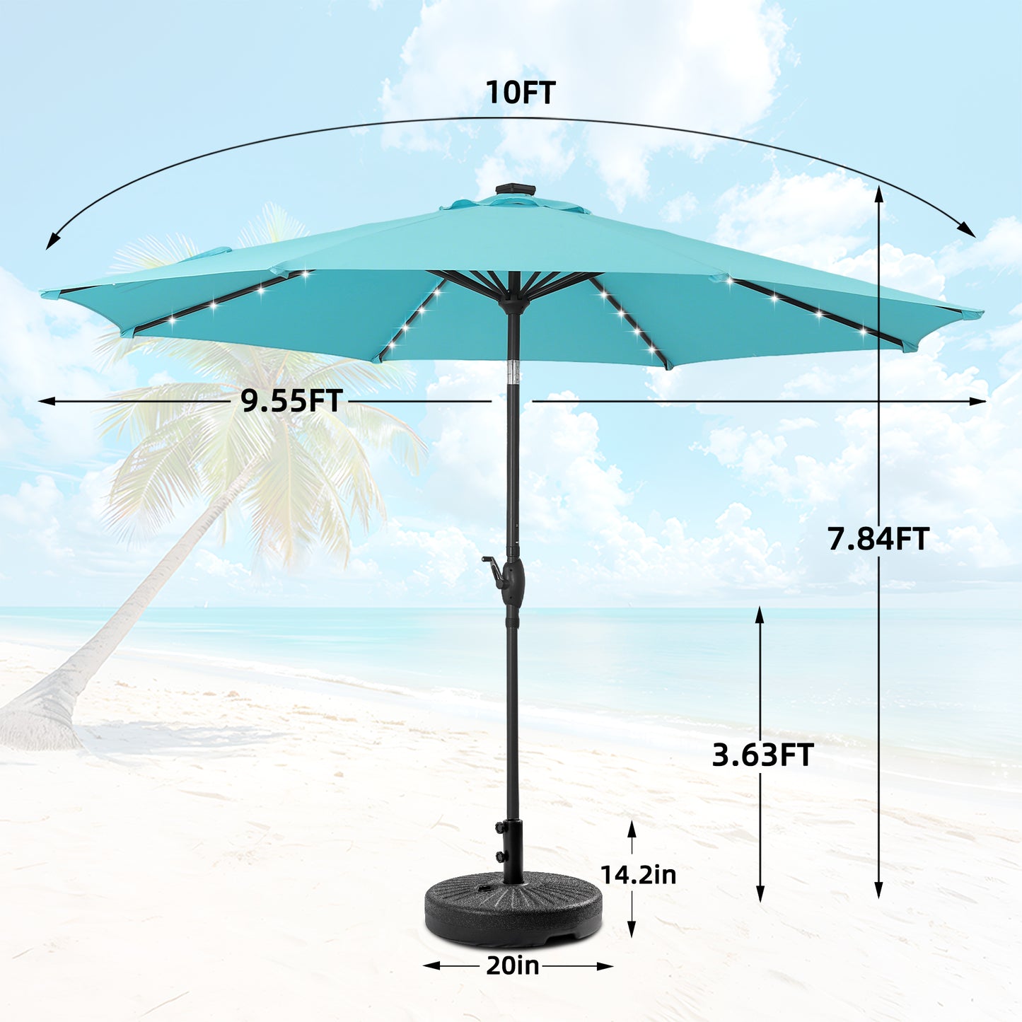 Autlaycil 10 FT Patio Umbrella with Base,  Steel Tilt and Crank, Includes 32 Solar LED Lights, Blue