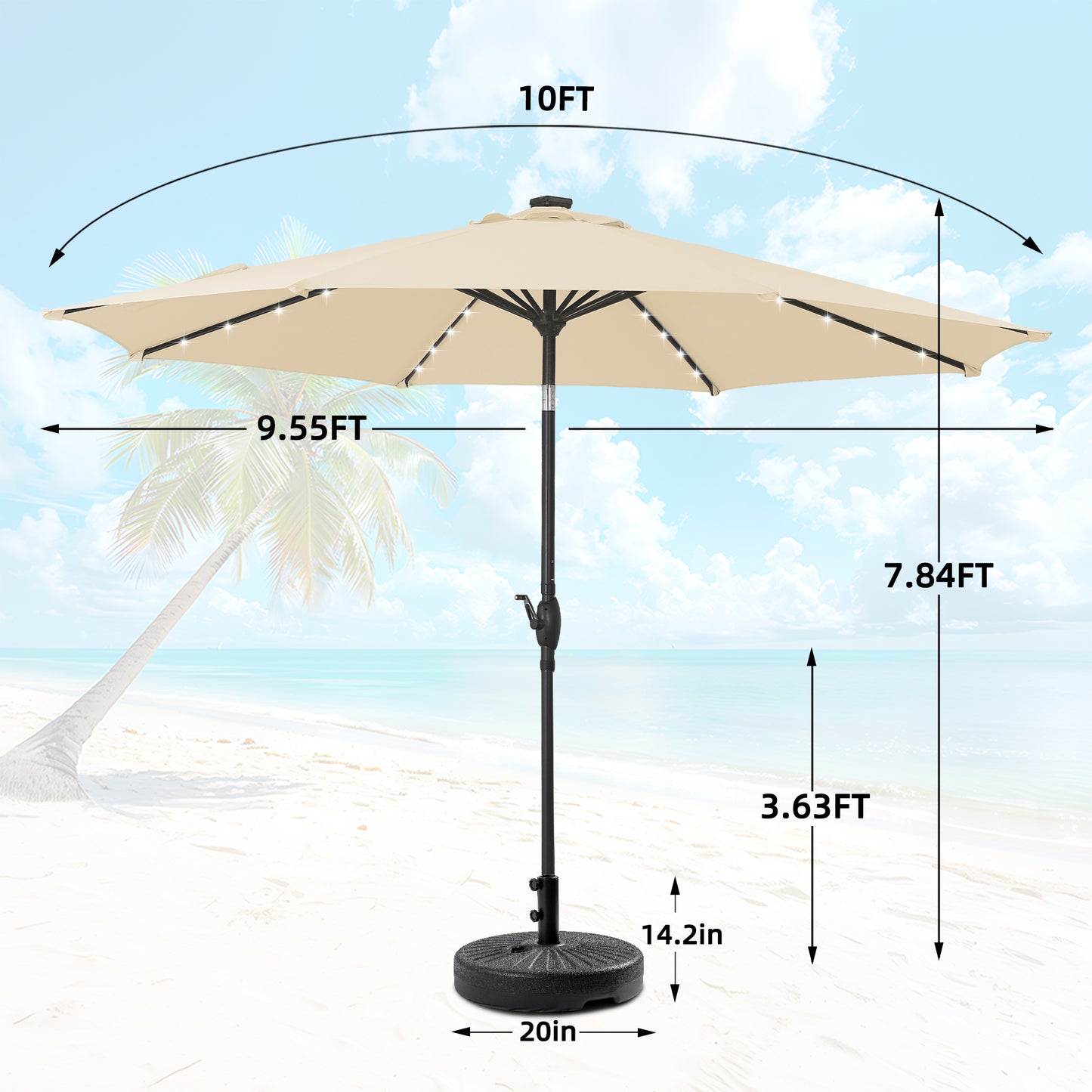 Autlaycil 10 FT Patio Umbrella with Base,  Steel Tilt and Crank, Includes 32 Solar LED Lights, Khaki