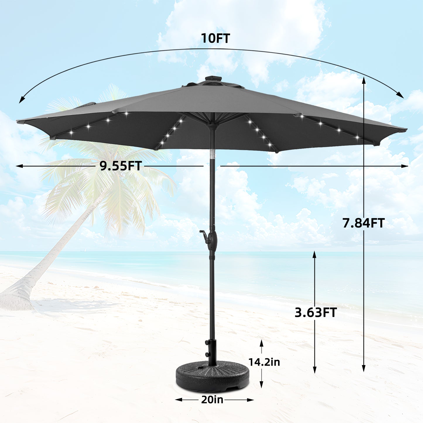 Autlaycil 10 FT Patio Umbrella with Base,  Steel Tilt and Crank, Includes 32 Solar LED Lights, Grey